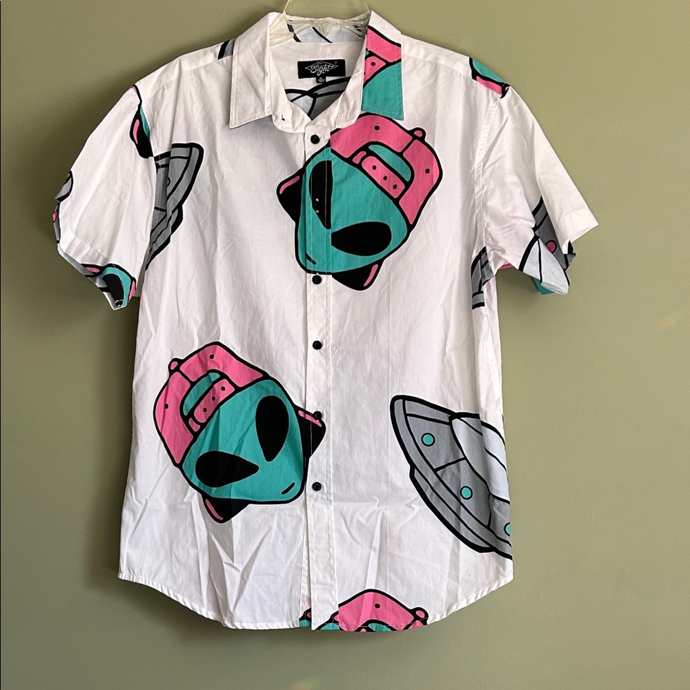 Eighty Eight Men’s Alien Graphic White Button Down Shirt Size XL